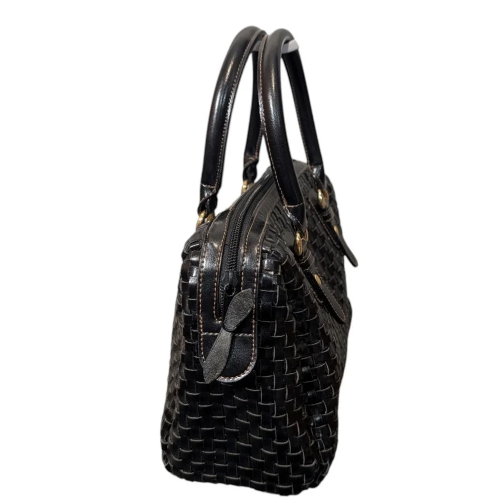 Naturalizer Black Woven Satchel Handbag Faux‎ Leather Top Handle Bag